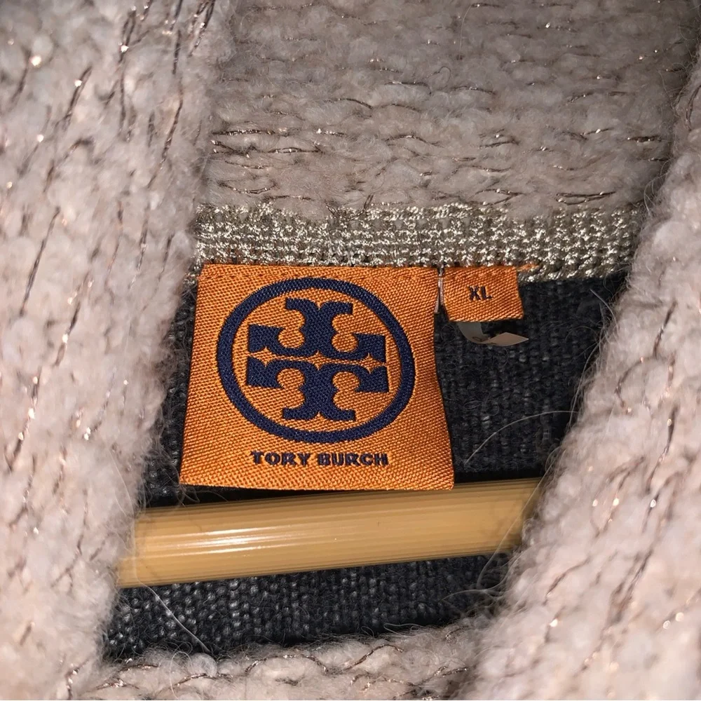 TORY BURCH Gray and Cream Angelina Turtleneck Alpaca Sweater Women’s Size XL - Picture 4 of 13